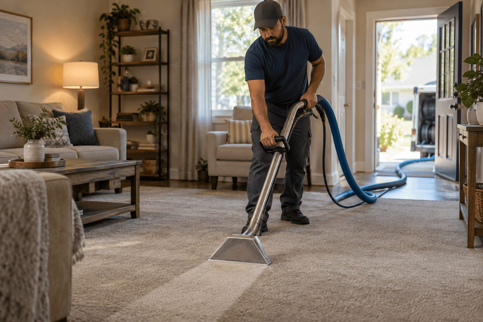 Carpet cleaner running a wand across a living-room carpet