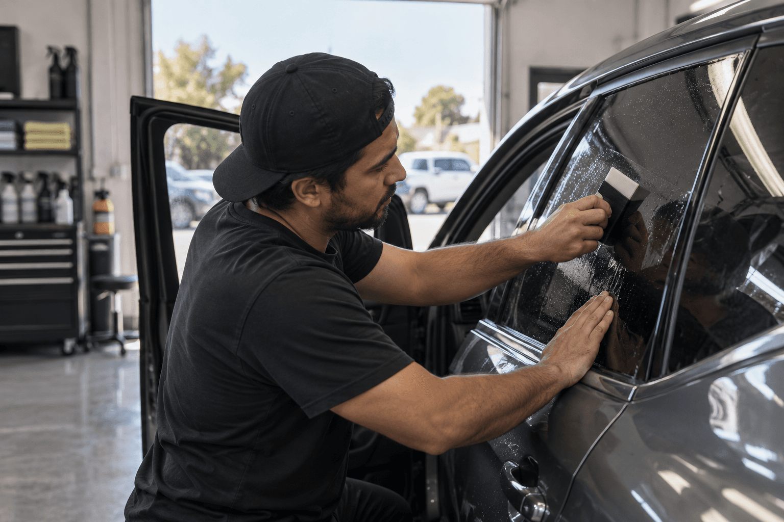 Installer smoothing tint film onto a car window