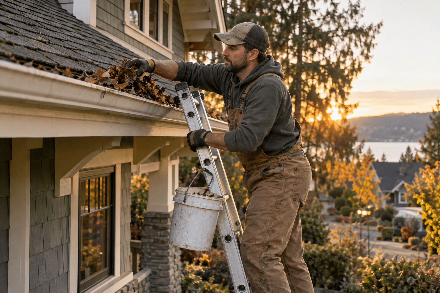 Gutter cleaner clearing leaves from a ladder