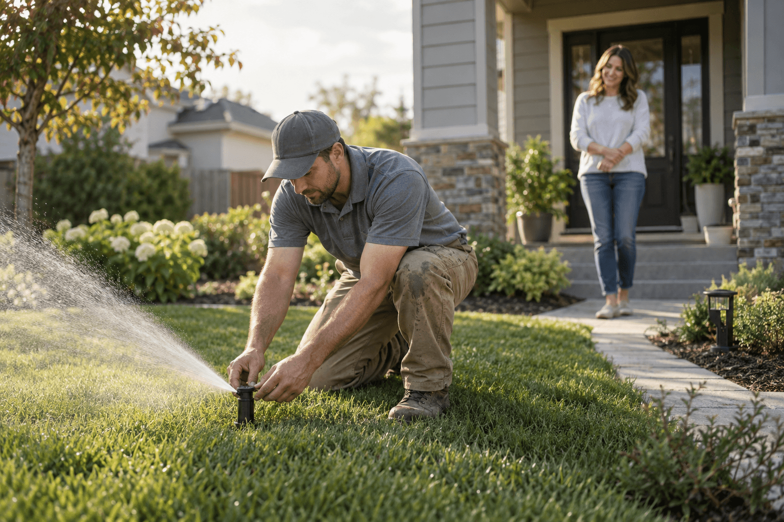 Irrigation technician adjusting a sprinkler head in a lawn