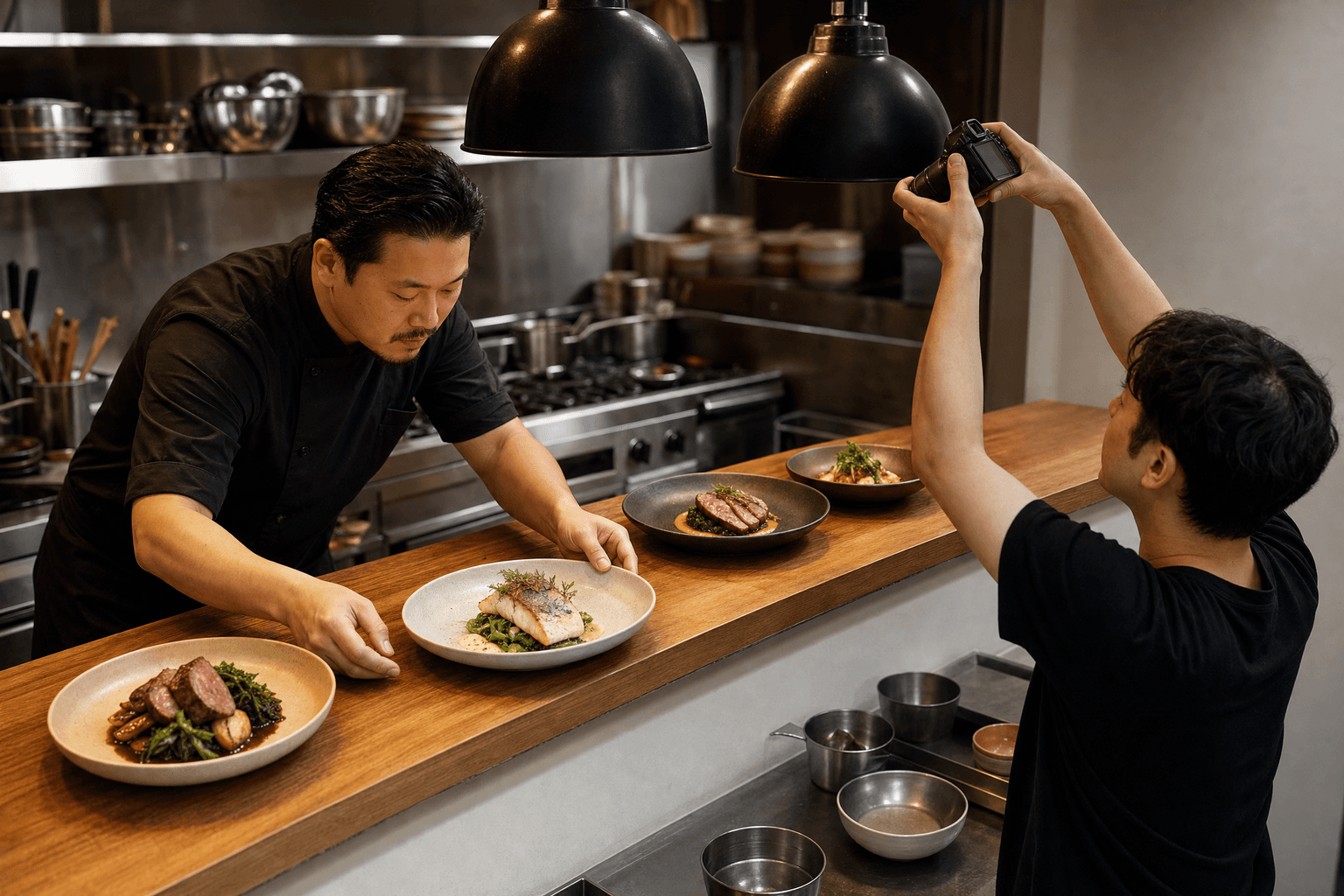Chef plating dishes while an assistant photographs them