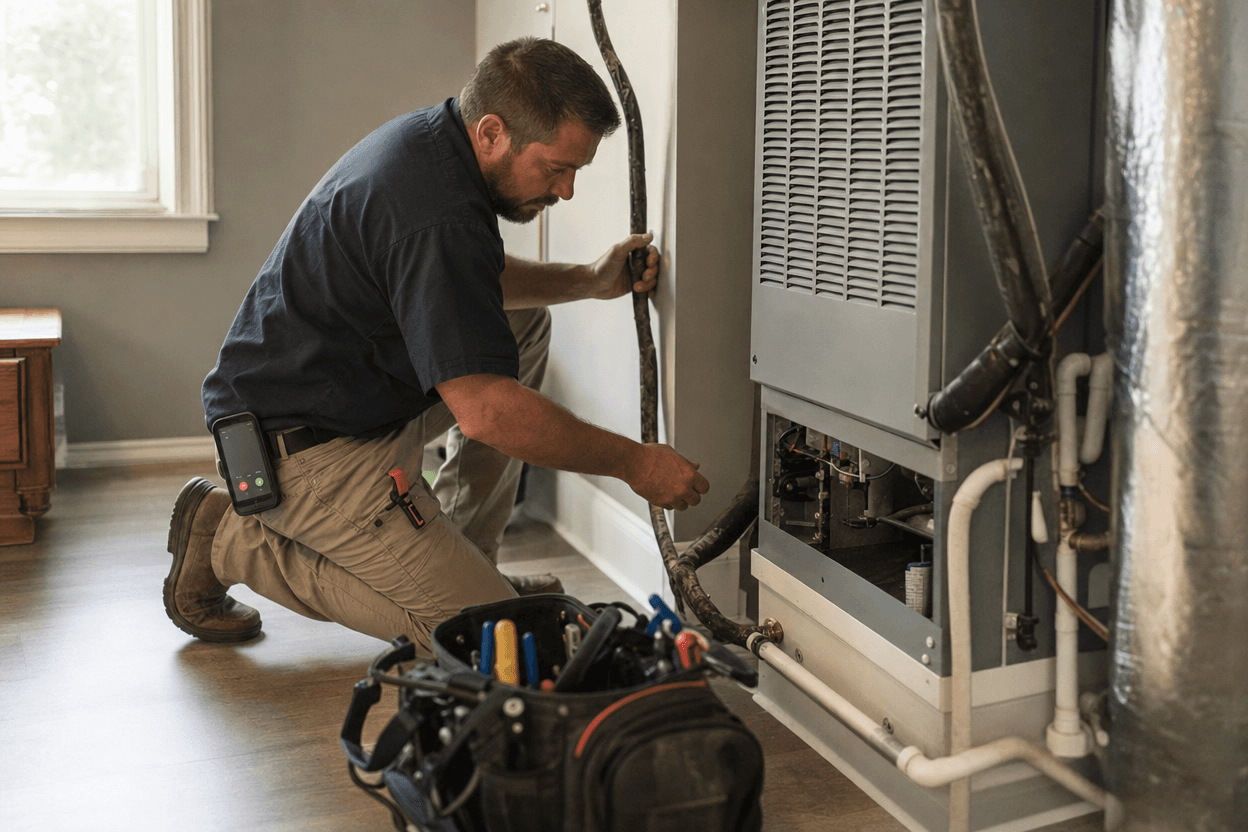 An HVAC technician works on a wall-mounted unit inside a home's utility room while a phone clipped to his belt rings.