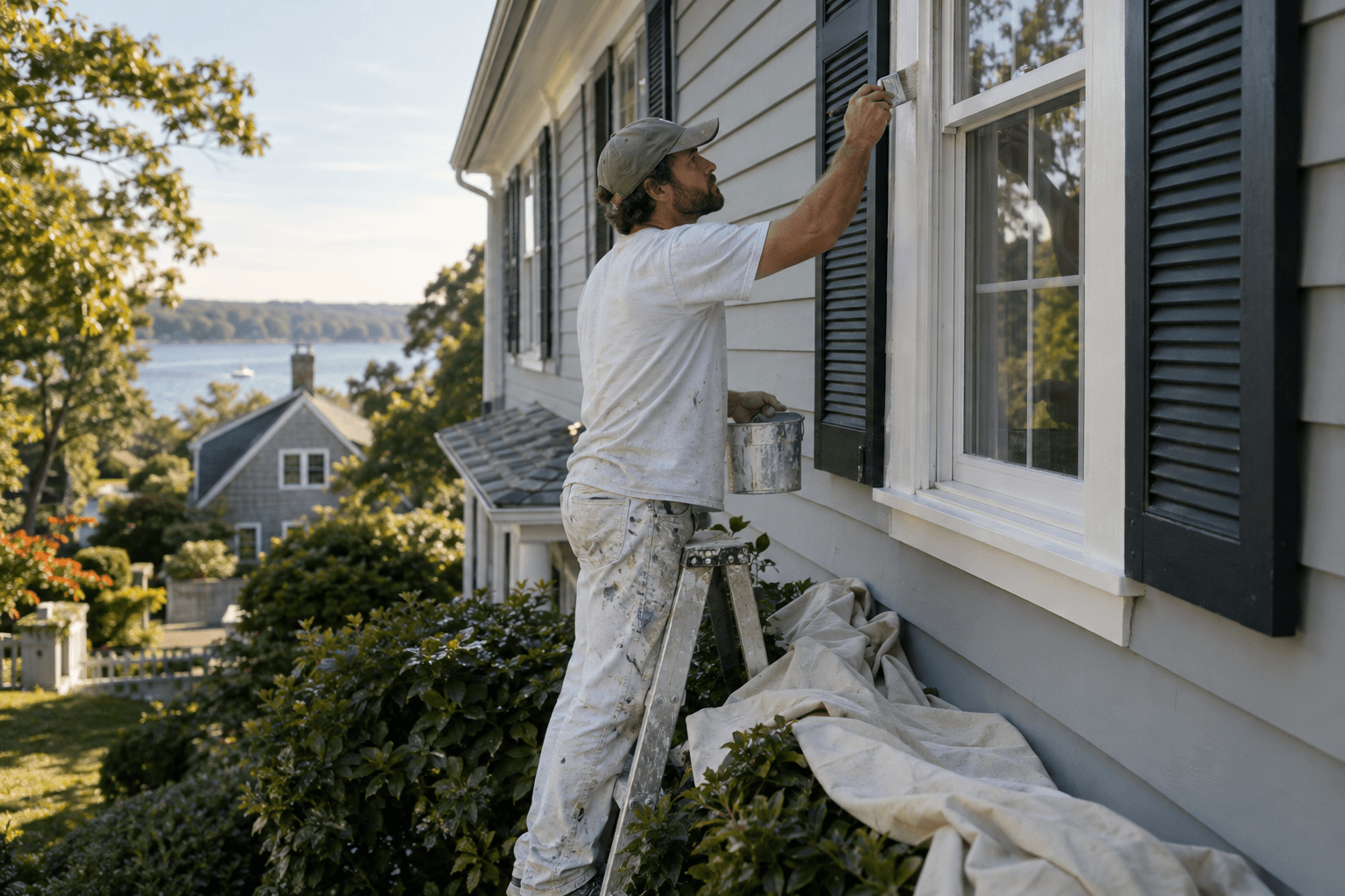 House painter cutting in window trim from a stepladder