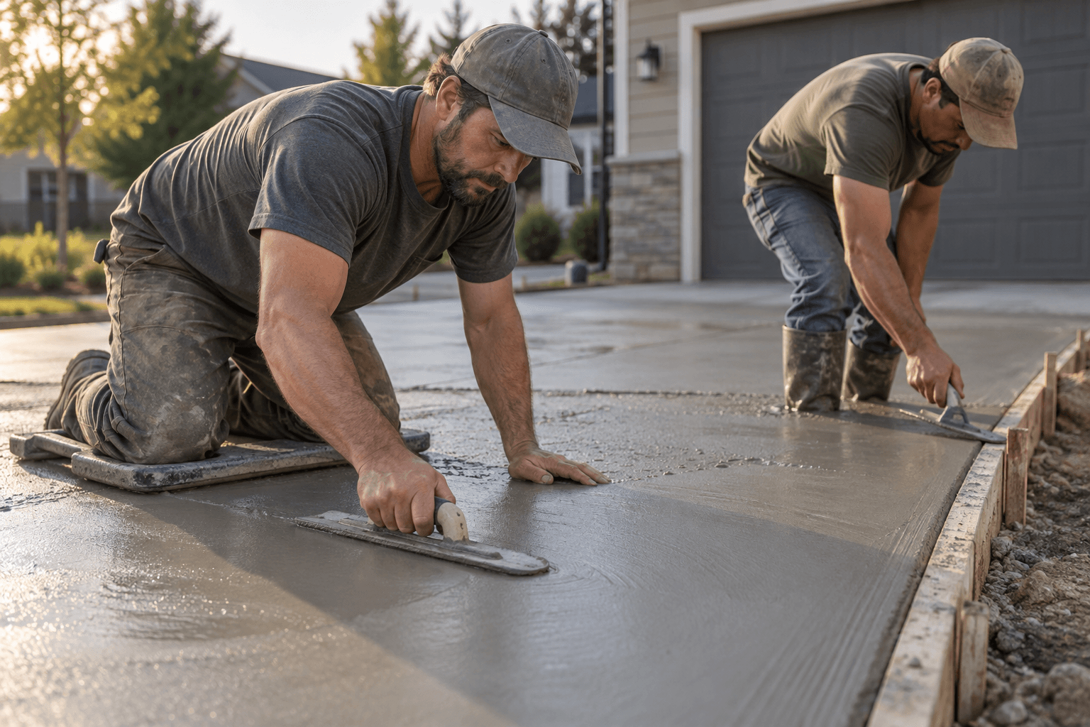Concrete finisher troweling a fresh driveway slab