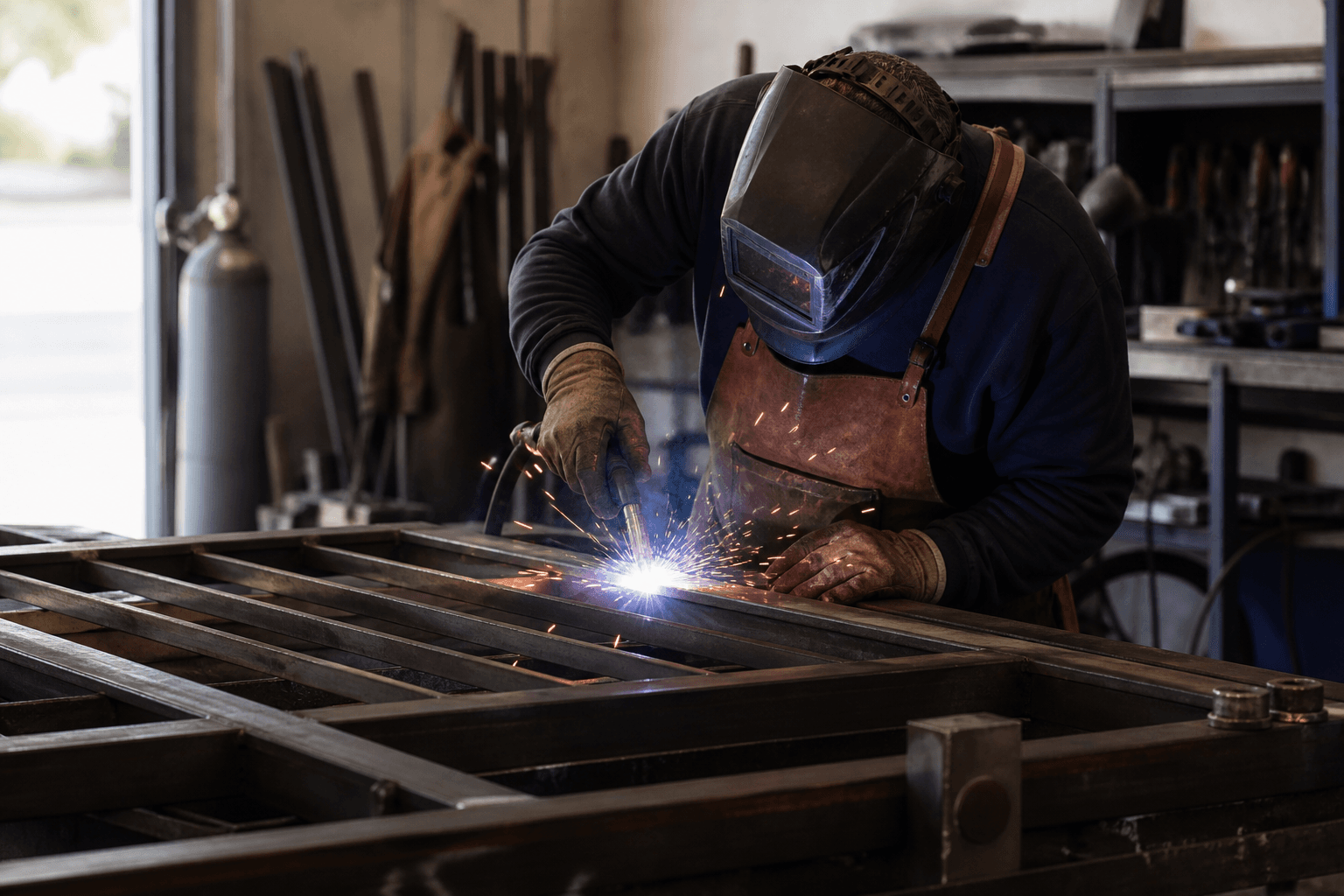 Welder working on a steel gate in a fabrication shop