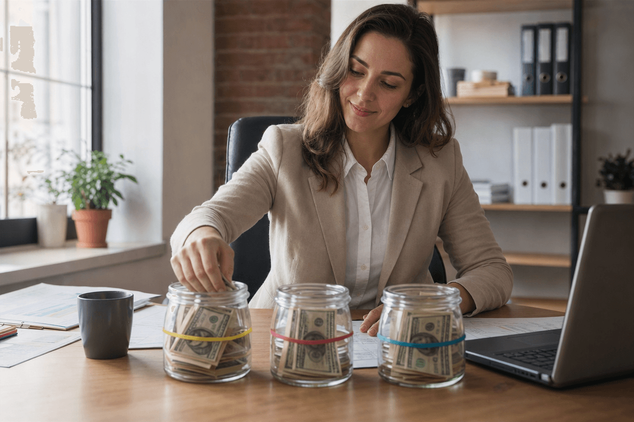 A marketing manager divides cash into three glass jars marked with colored bands on an office desk, symbolizing separate budget allocations.
