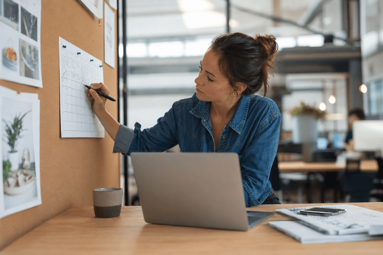 A small business owner checks off entries on a paper publishing schedule pinned to a corkboard next to their laptop.