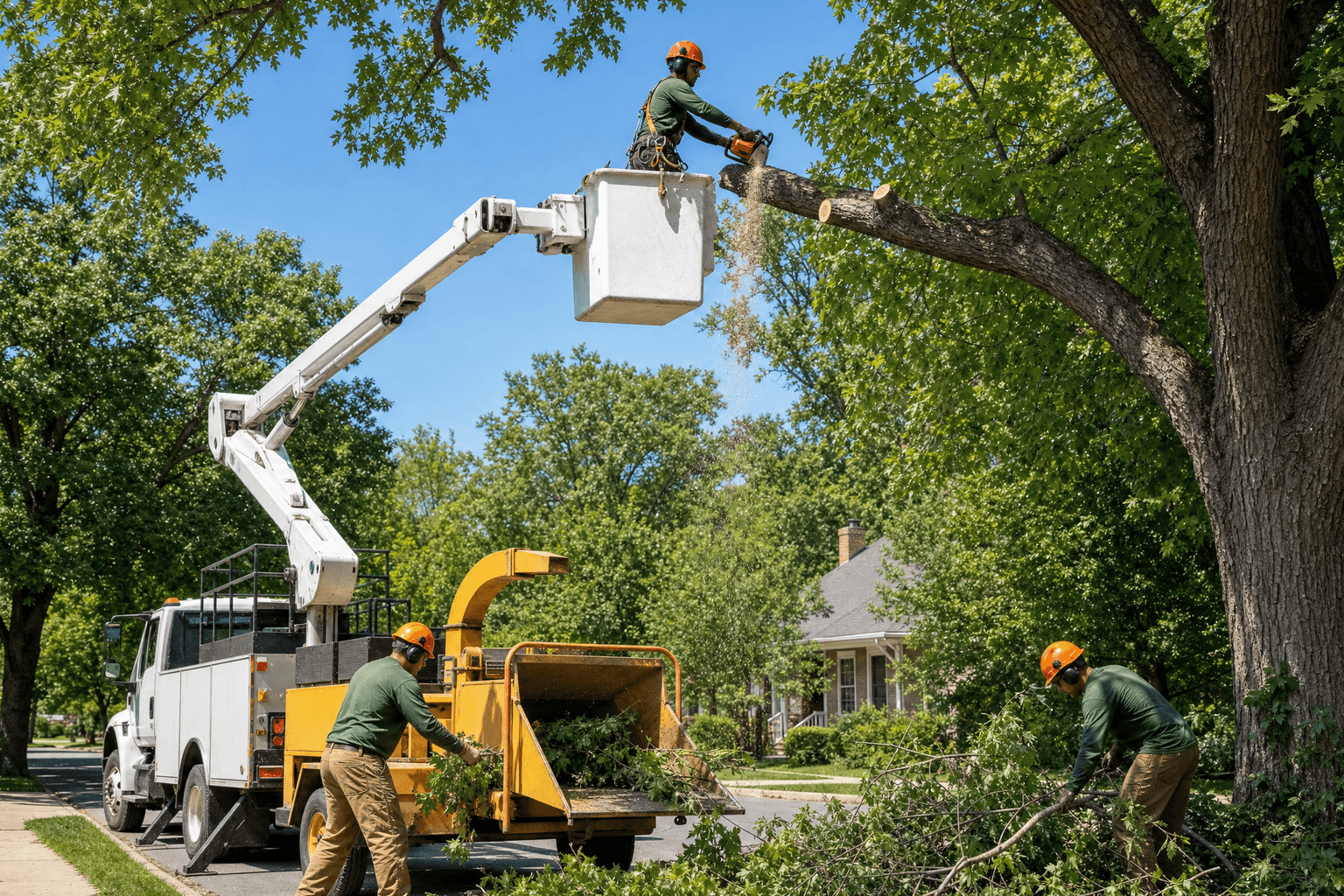 Arborist trimming a tree from a bucket lift while the ground crew works below