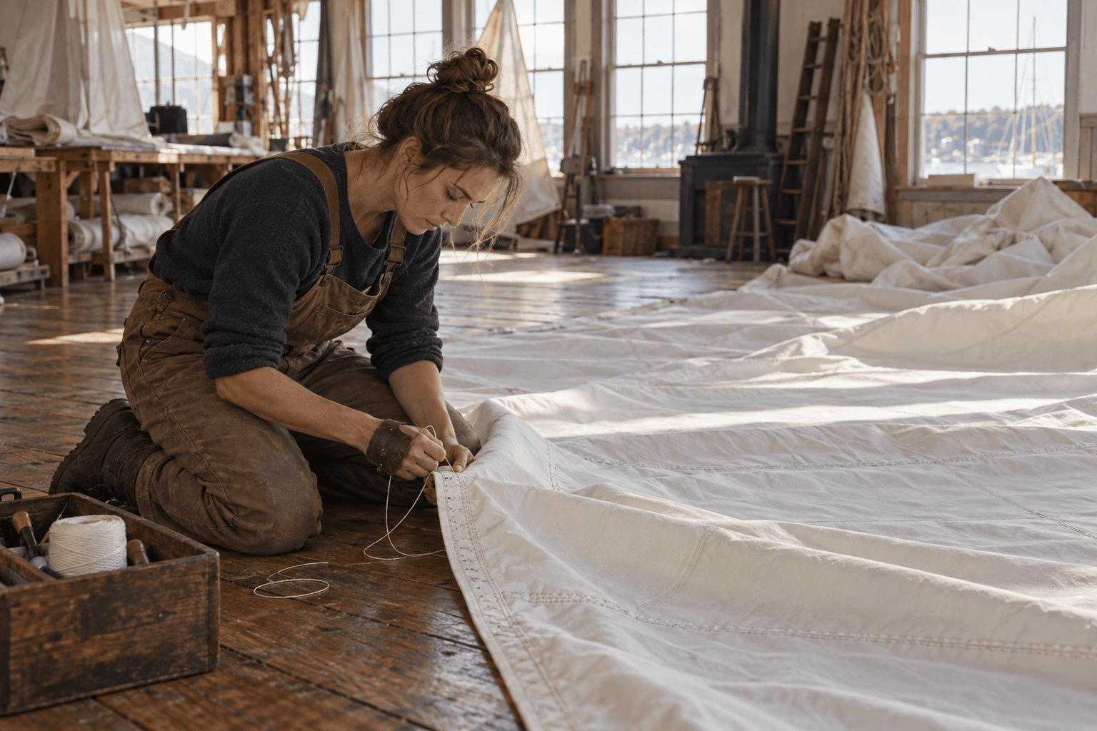 Sailmaker stitching a sail on the floor of a sail loft