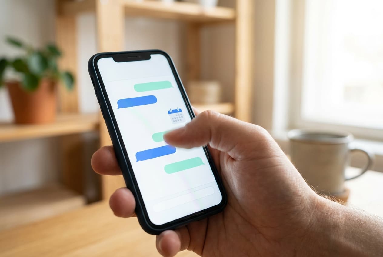 A hand holding a phone showing an instant, friendly reply to a new customer inquiry with a calendar booking option.