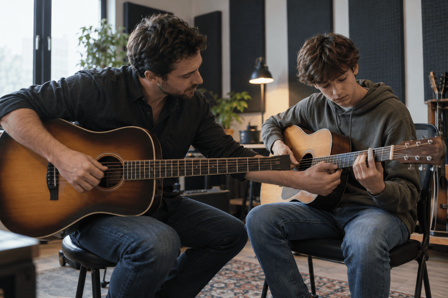 Guitar teacher showing a student a chord shape