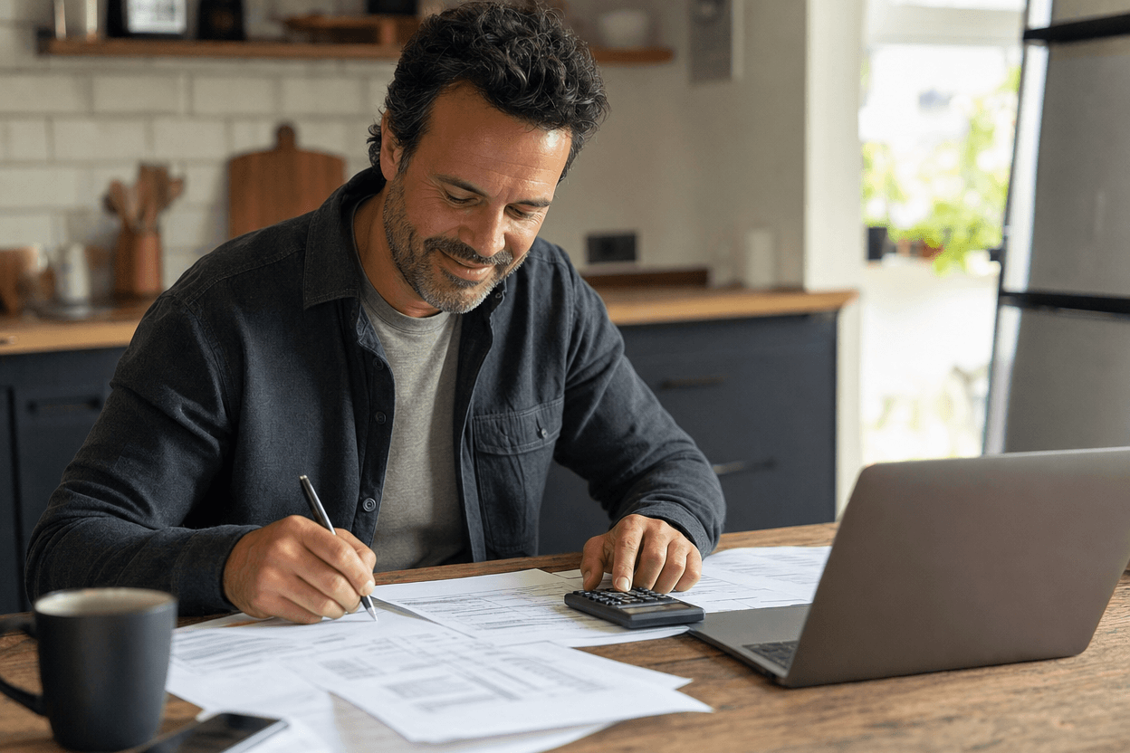 A small business owner calculates numbers by hand on a calculator surrounded by printed invoices and a laptop with a blurred screen.