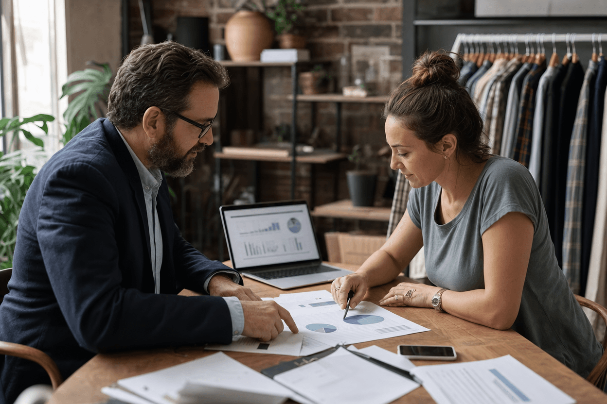A consultant and small business owner review printed charts together during a strategy meeting.