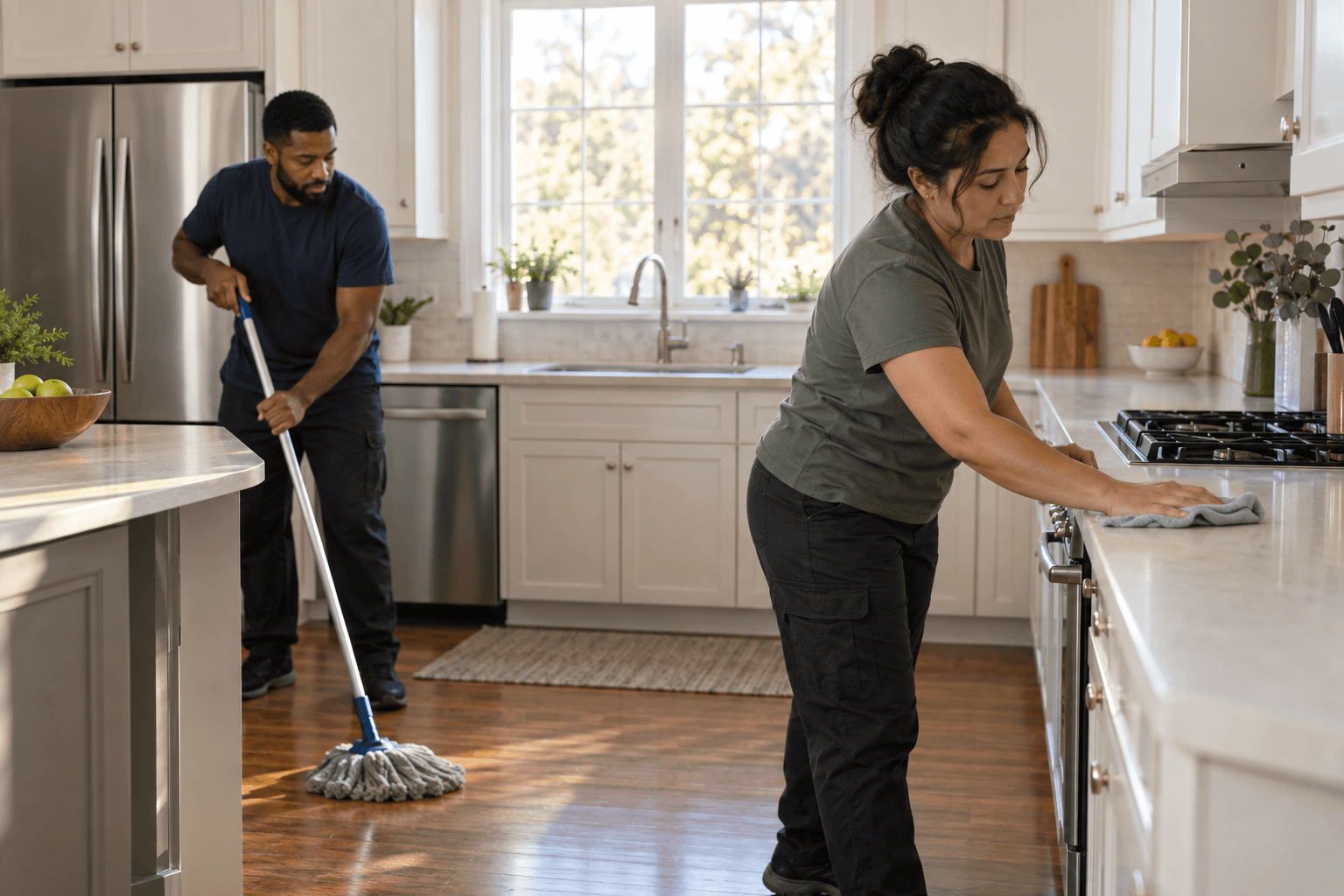 Cleaning crew wiping counters and mopping a bright kitchen