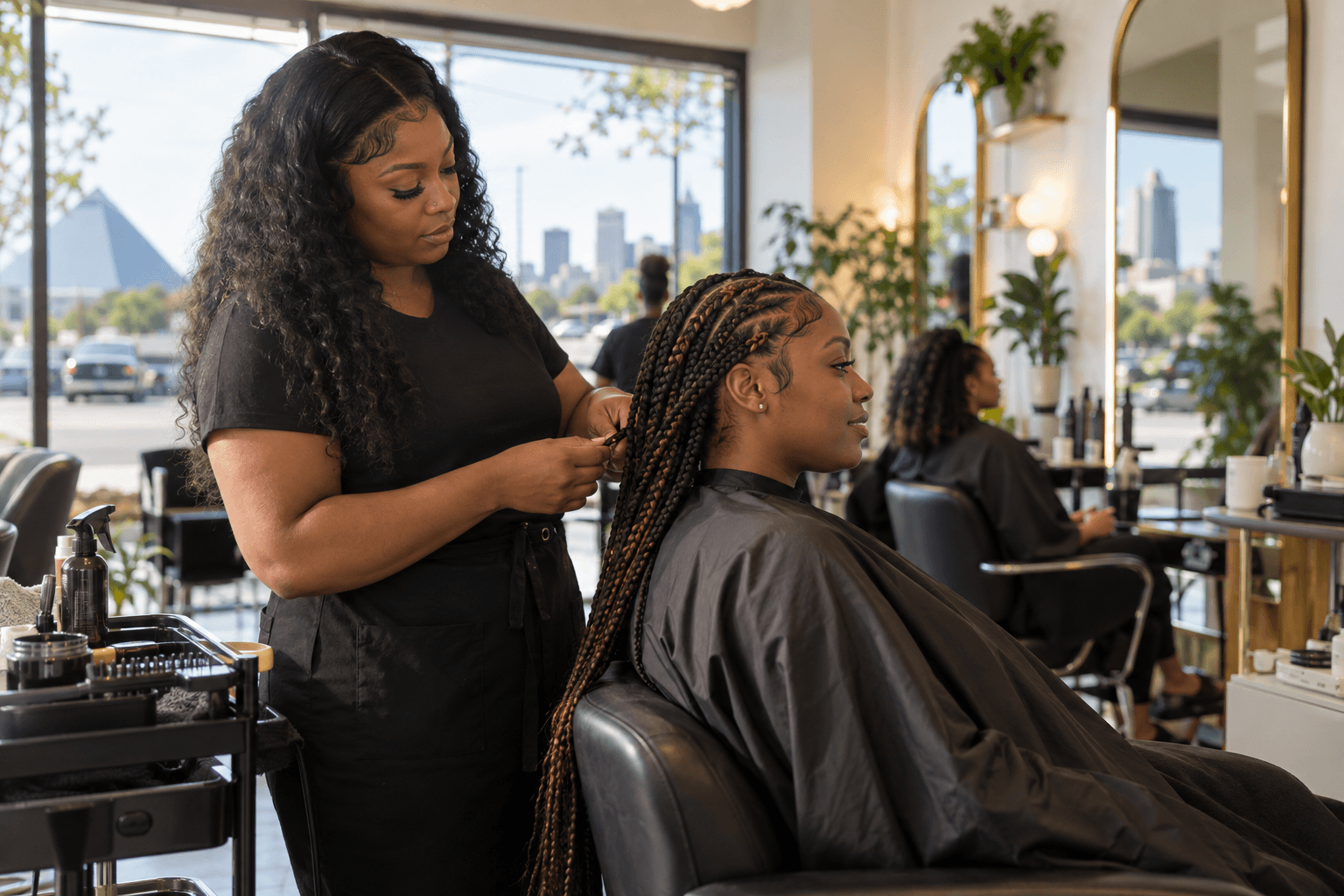 Hairstylist finishing a client's braids in a Memphis salon
