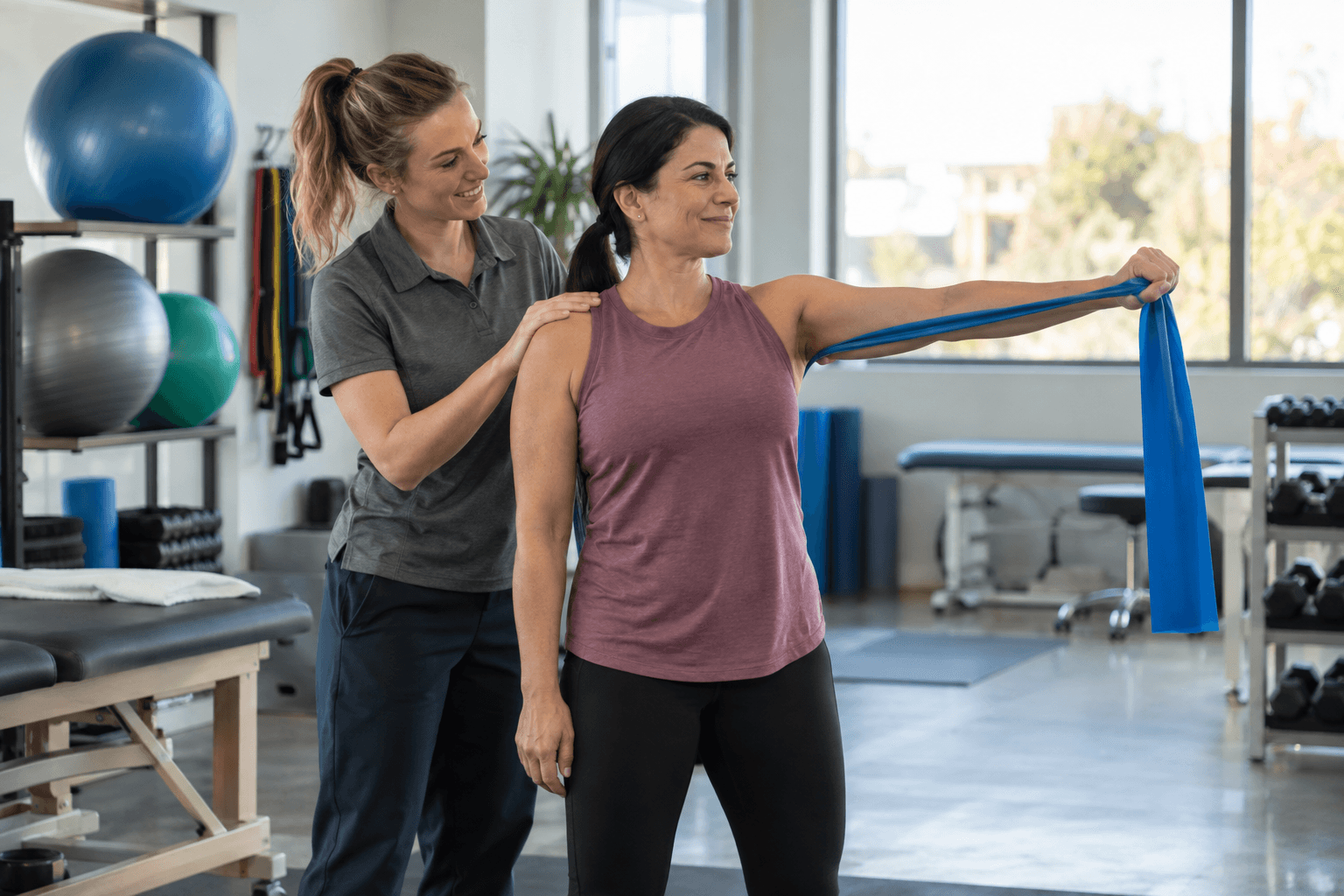 Physical therapist guiding a patient through a band exercise