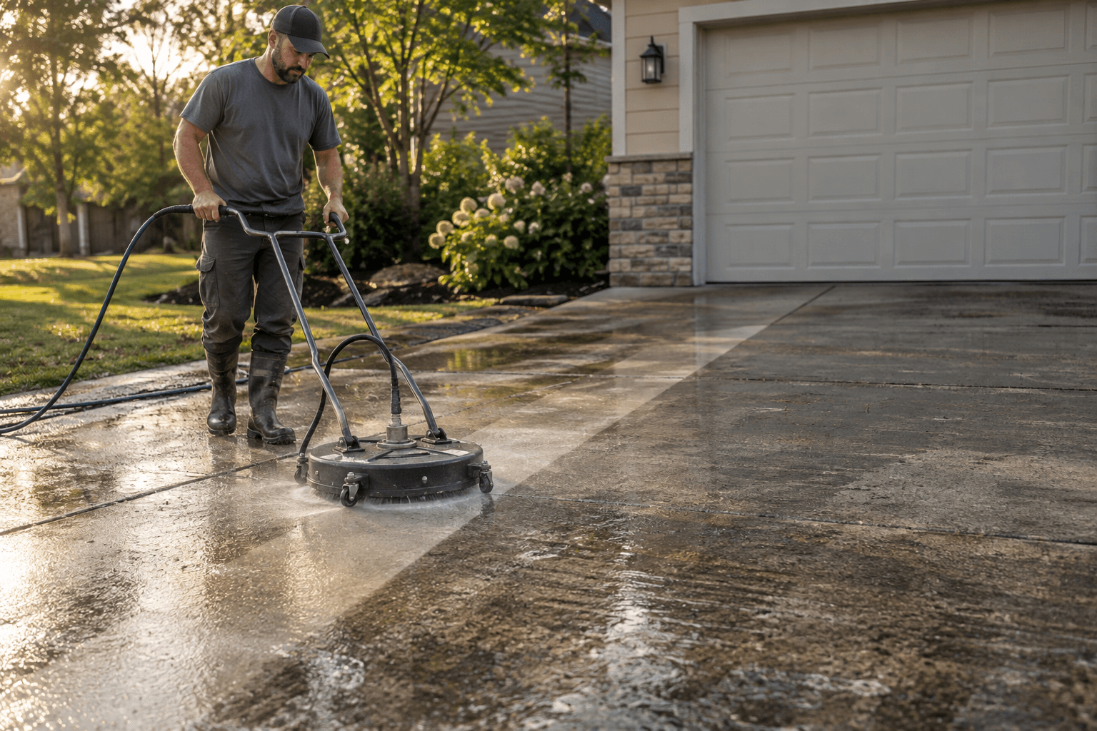 Pressure-washing technician cleaning a stained driveway