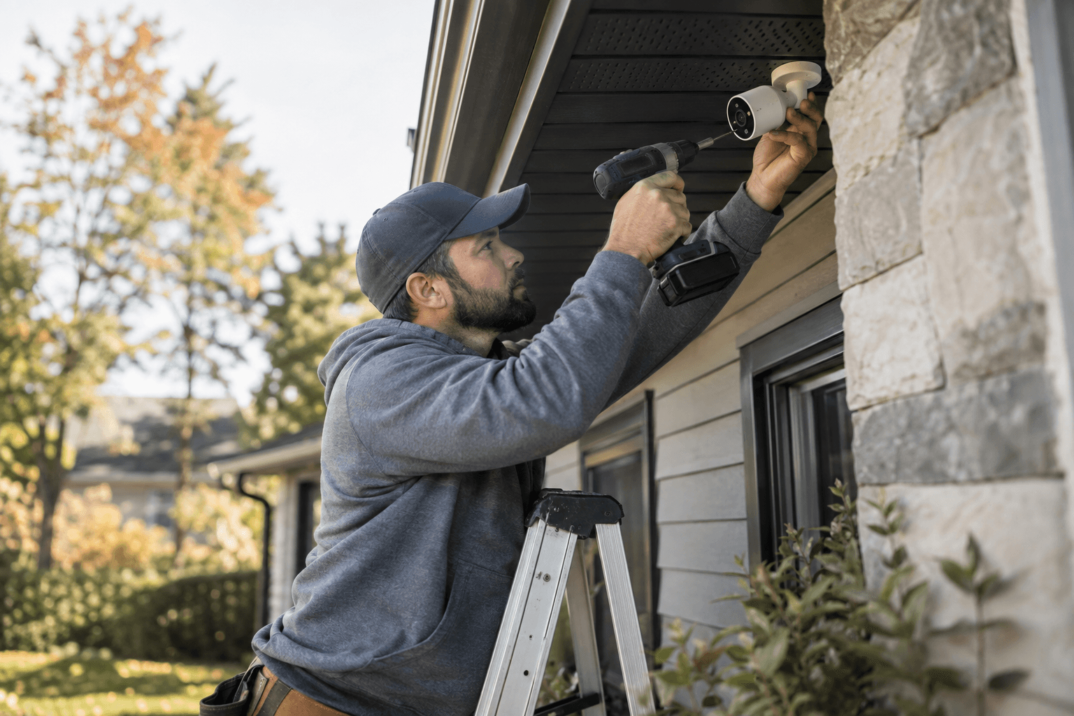 Installer mounting a security camera under a roof eave